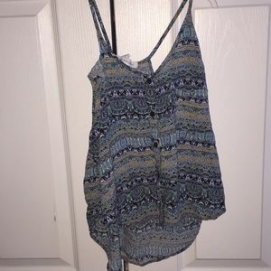 Blue, black, and orange tank top, high-low style.